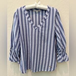 MARC NEW YORK | Blue Striped Cotton Everyday V-Neck 3/4 Sleeve Blouse | Large